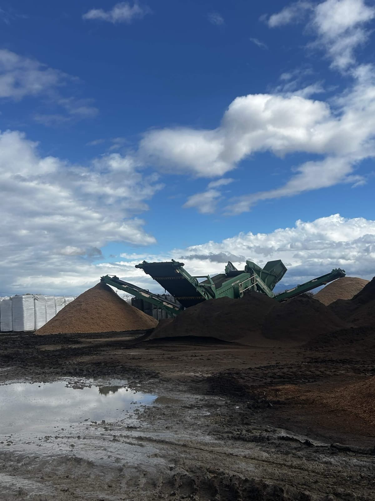 Screening machine beside large almond wood stockpiles under a blue sky